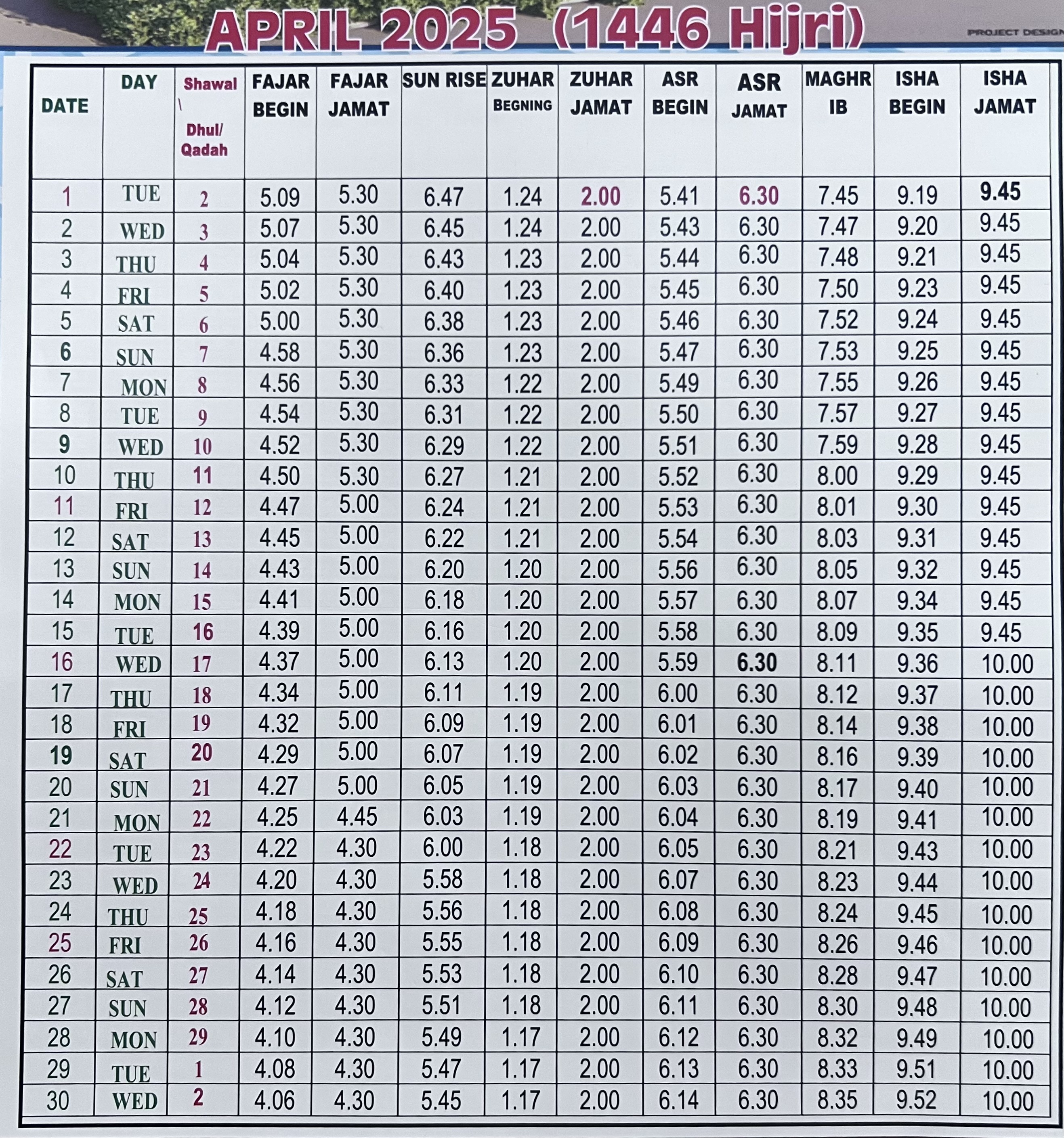 Prayer Timetable