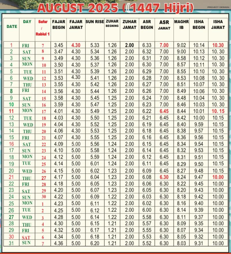Prayer Timetable